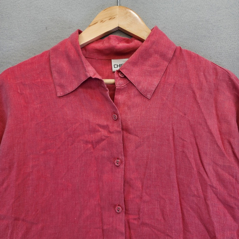 Chicos Linen Button Down Shirt Size 2 Large Pink Red Roll Tab Sleeve Tunic Linen - Picture 3 of 13